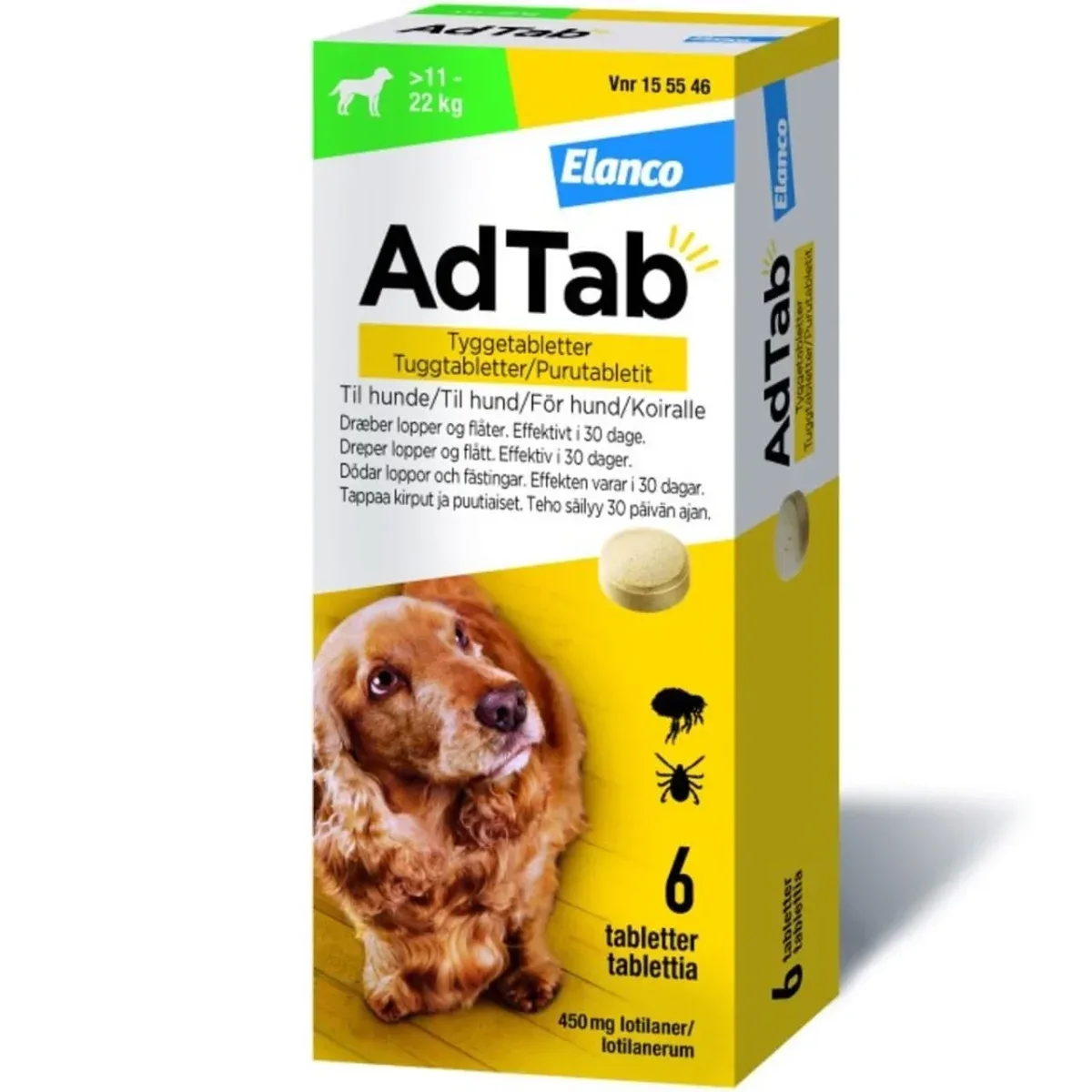 AdTab hund 11–22 kg 450 mg 6stk – loppe- og flåtbehandling