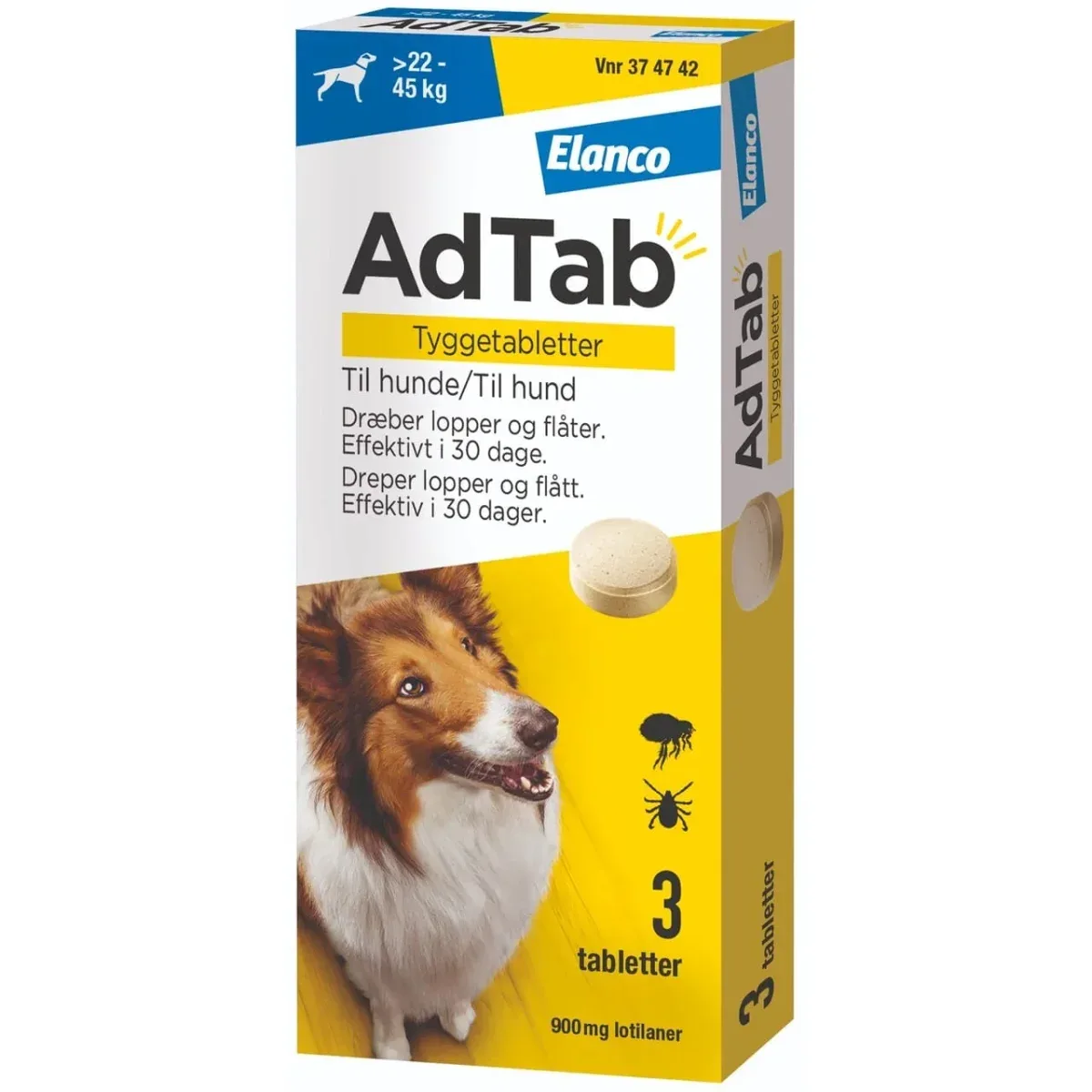 AdTab hund 22–45 kg 900 mg 3stk – loppe- og flåtbehandling