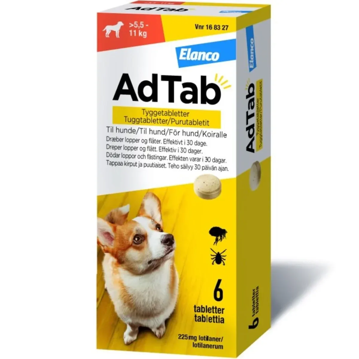AdTab til hunde 5,5–11 kg 225 mg 6stk – loppe- og flåtbehandling
