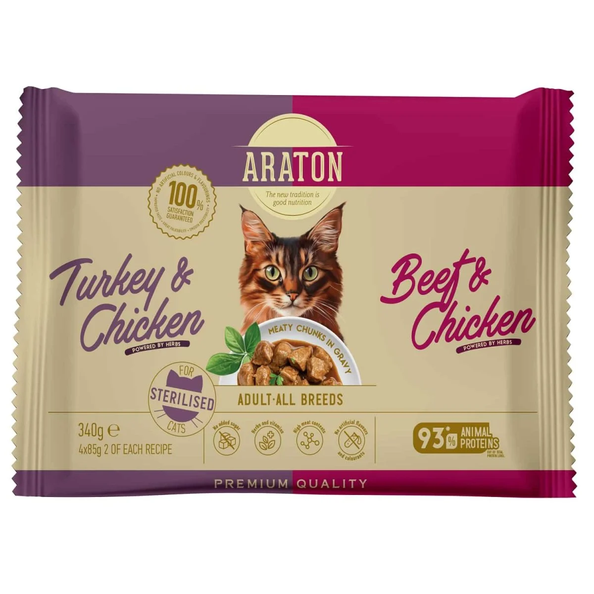 ARATON Sterilised Cats Set Turkey and Beef Chunks in Gravy 4×85 g
