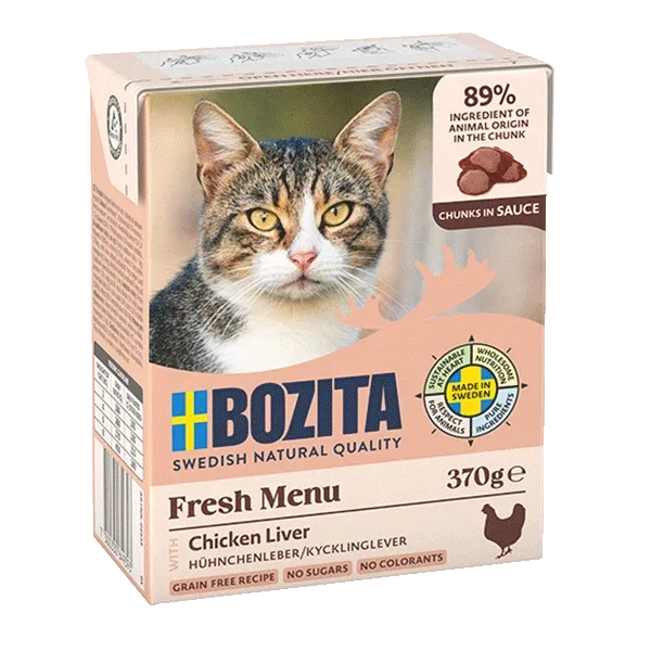 Bozita med kyllingelever i sauce 370 g - Vådfoder til voksne katte