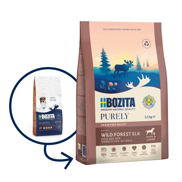Bozita Purely Puppy & Junior Elk – kornfrit hvalpefoder fra Sverige