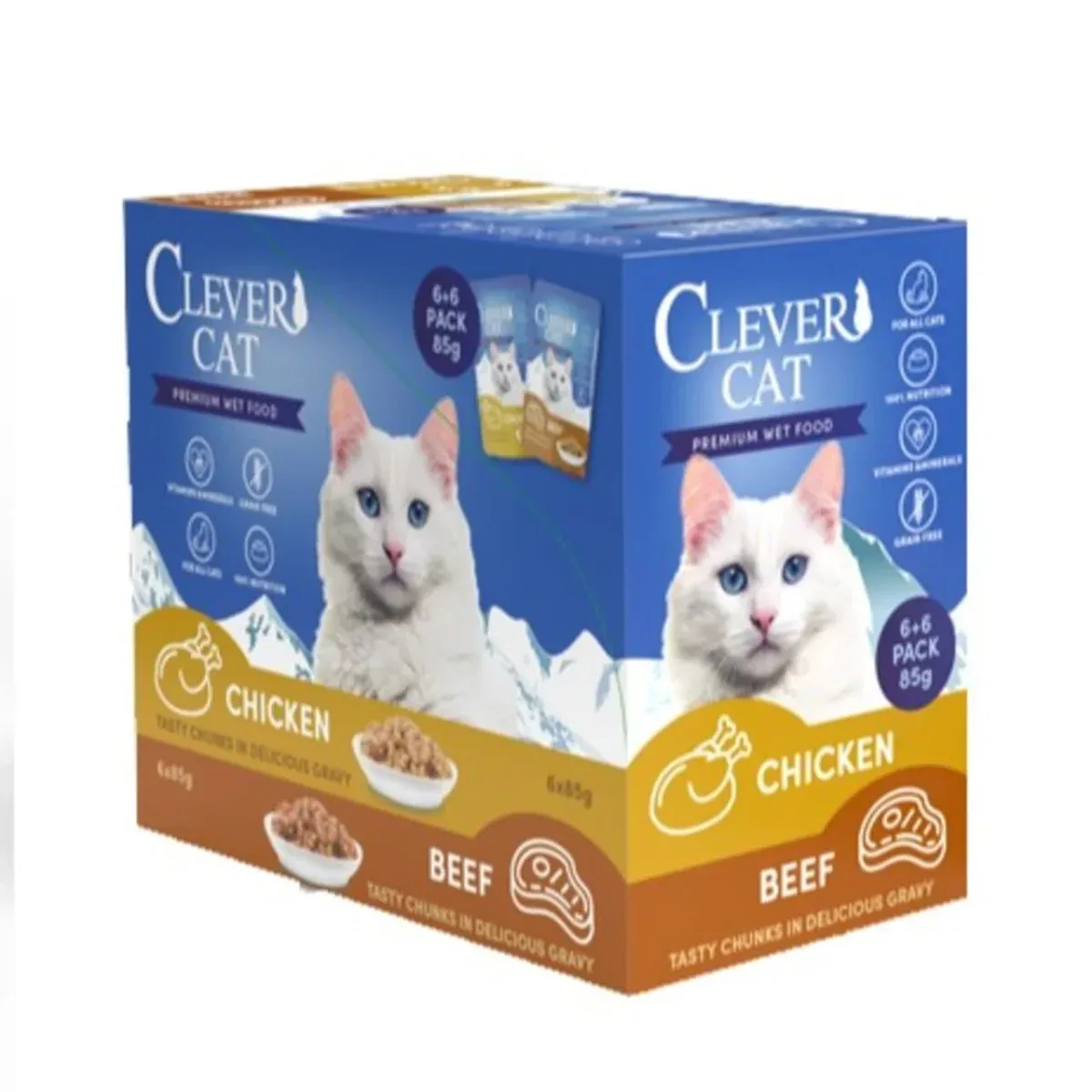 Clever Cat Premium Vådfoder med Okse- og Kyllingesmag 12x85g