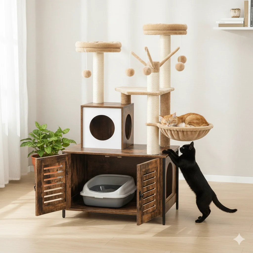 Designet kradsetræ kat i træ med kattebakke – model luxenest