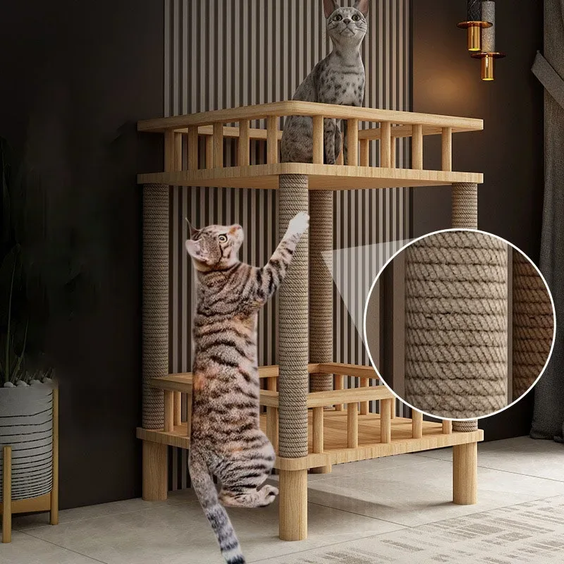 Designet kradsetræ kat i træ – møbel med kløpæl – integreret kattebakke – rektangulært