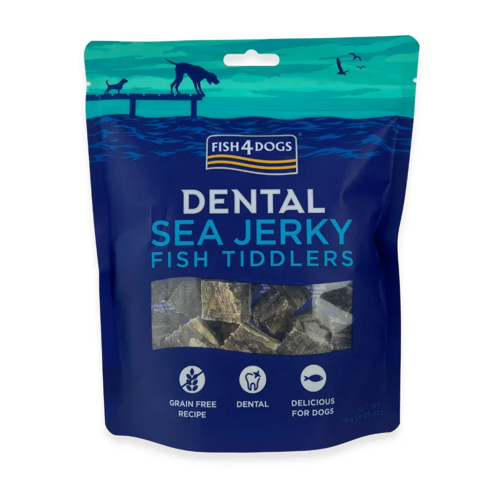 Fish4Dogs – Dental Sea Jerky – Hvidfiske skind firkanter – 115g