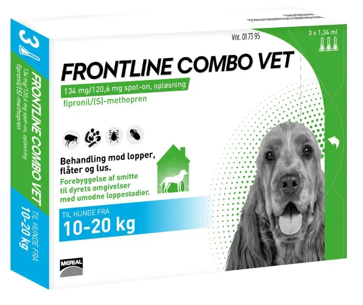 Frontline Combo Vet 3-pak, til behandling mod lopper, flåter og lus på hunde 10-20 kg hunde