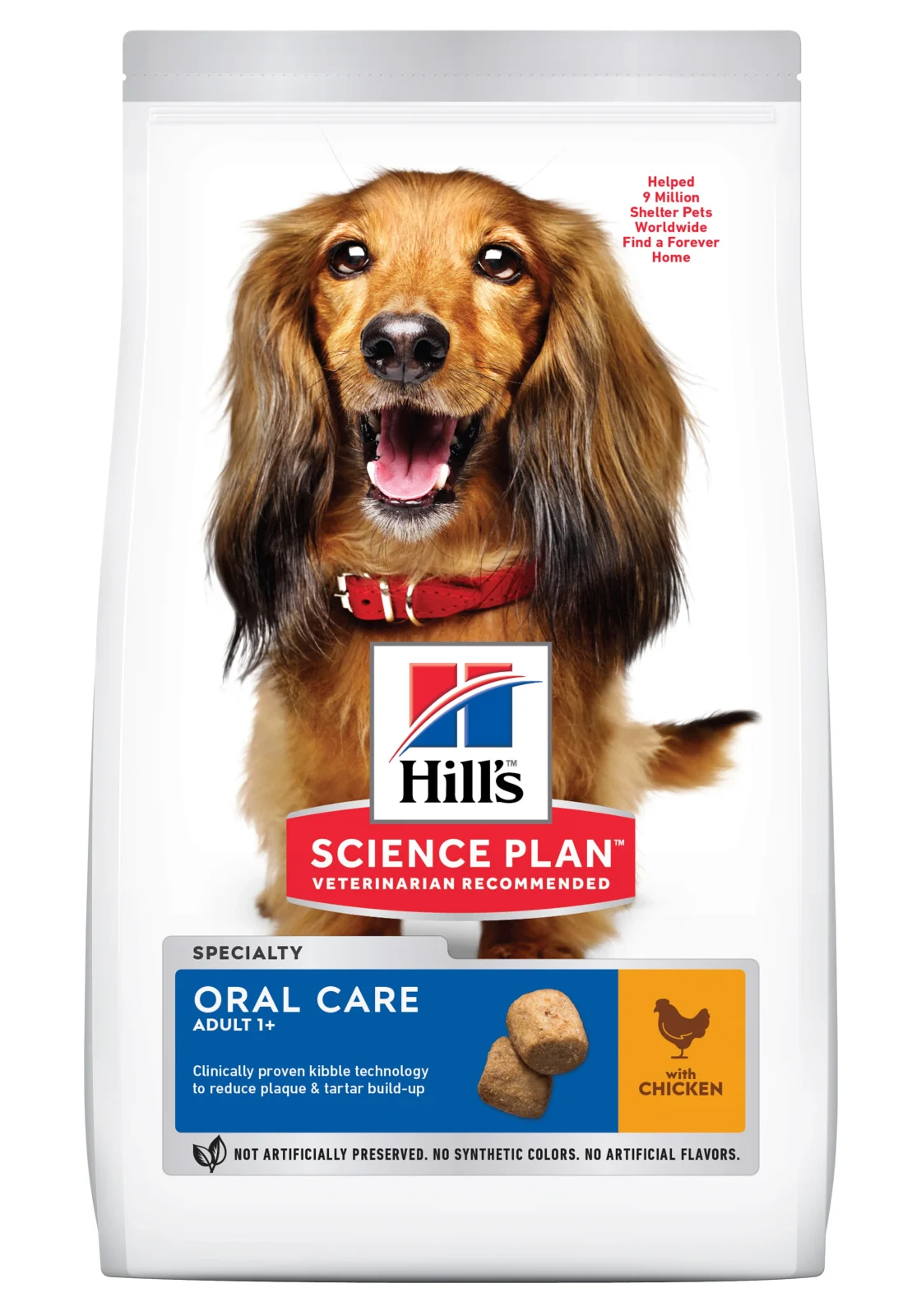 Hills Oral care tørfoder med kylling til voksne hunde med behov for ekstra mundpleje.