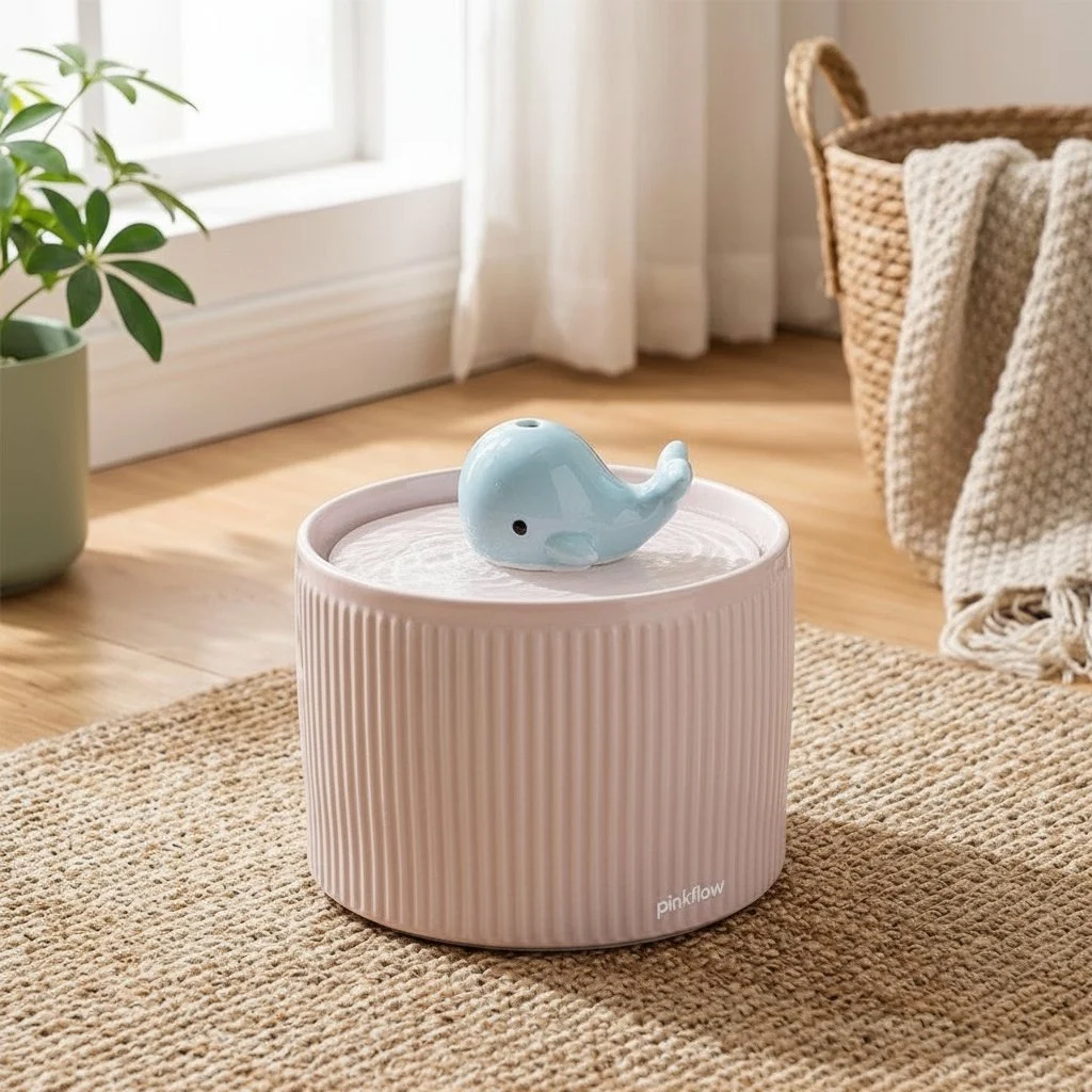 Lyserød vandfontæne til katte – design & hydrering