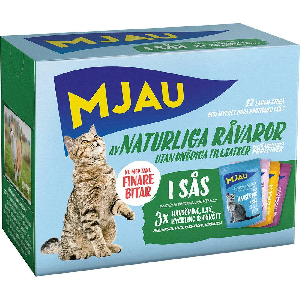 Mjau vådfoder MultiMix kød & fisk i sovs – 12×85 gr.