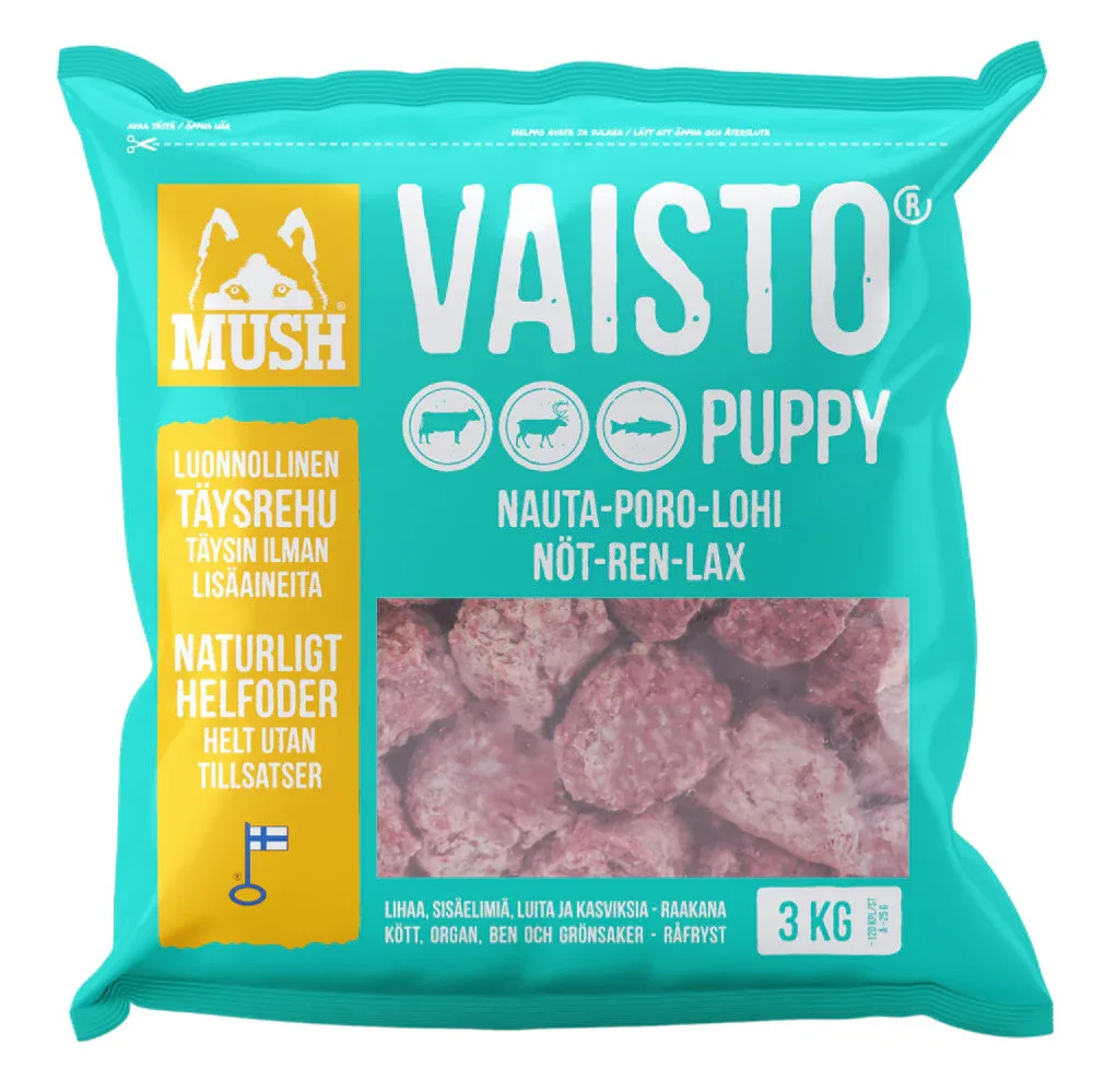 MUSH Hvalp Isblå 3kg – BARF Fuldfoder til Hvalpe (Okse, Rensdyr & Laks)