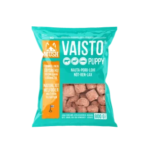 MUSH Vaisto® Puppy Isblå – Råfoder med Okse, Rensdyr, Laks – 800g