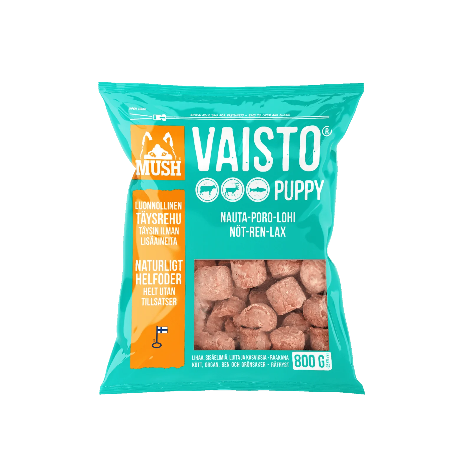 MUSH Vaisto® Puppy Isblå – Råfoder med Okse, Rensdyr, Laks – 800g