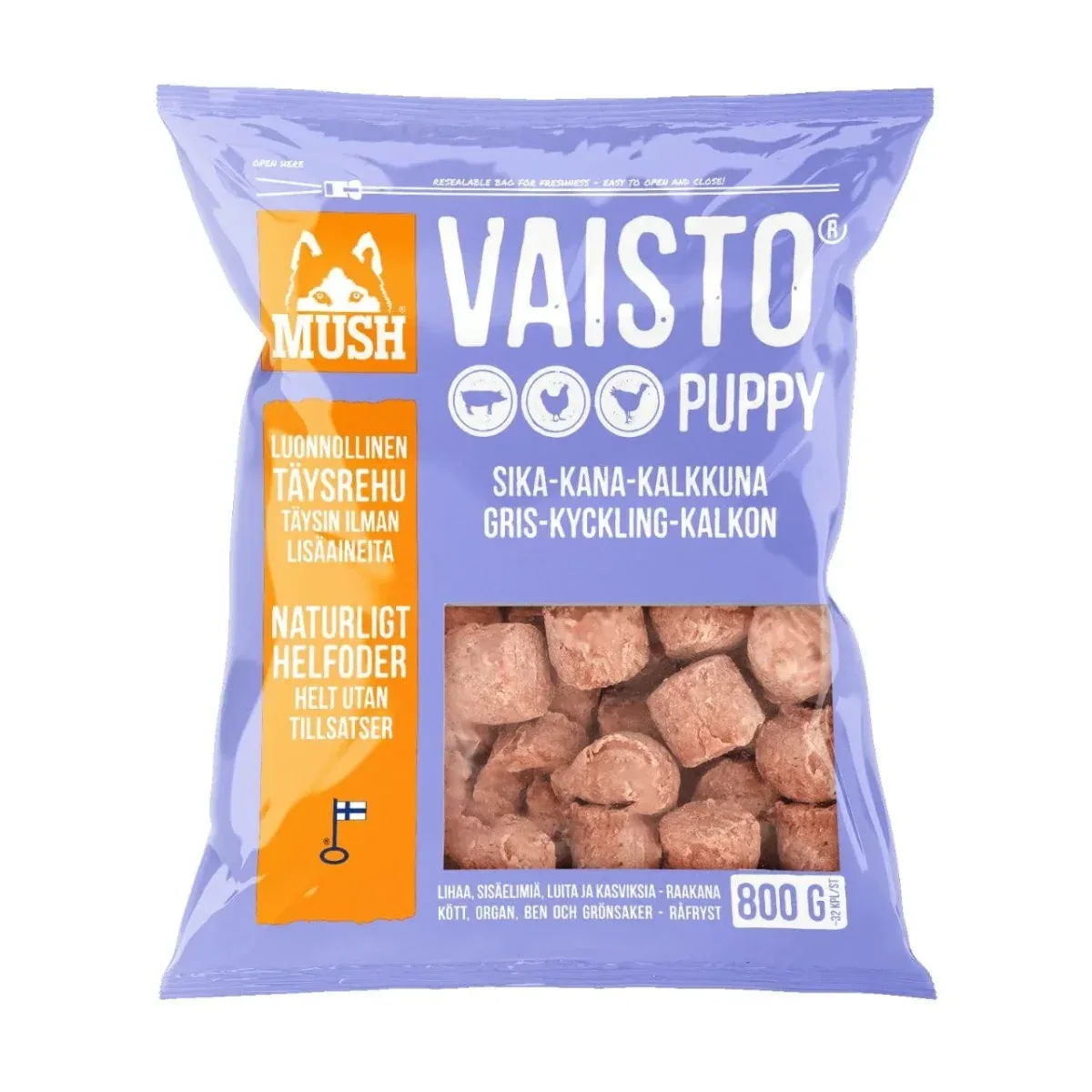 MUSH Vaisto Puppy Lyslilla 800g – Gris, Kalkun & Kylling BARF