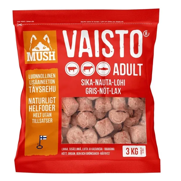 MUSH Vaisto® Rød – Råfoder med Gris, Okse, Laks – 3kg