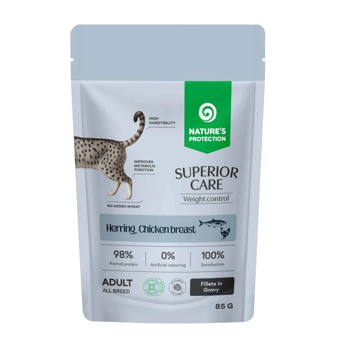 NATURES PROTECTION SUPERIOR CARE CAT Weight Control Herring and Chicken Breast Fillets in Sauce 85 g, Grain Free