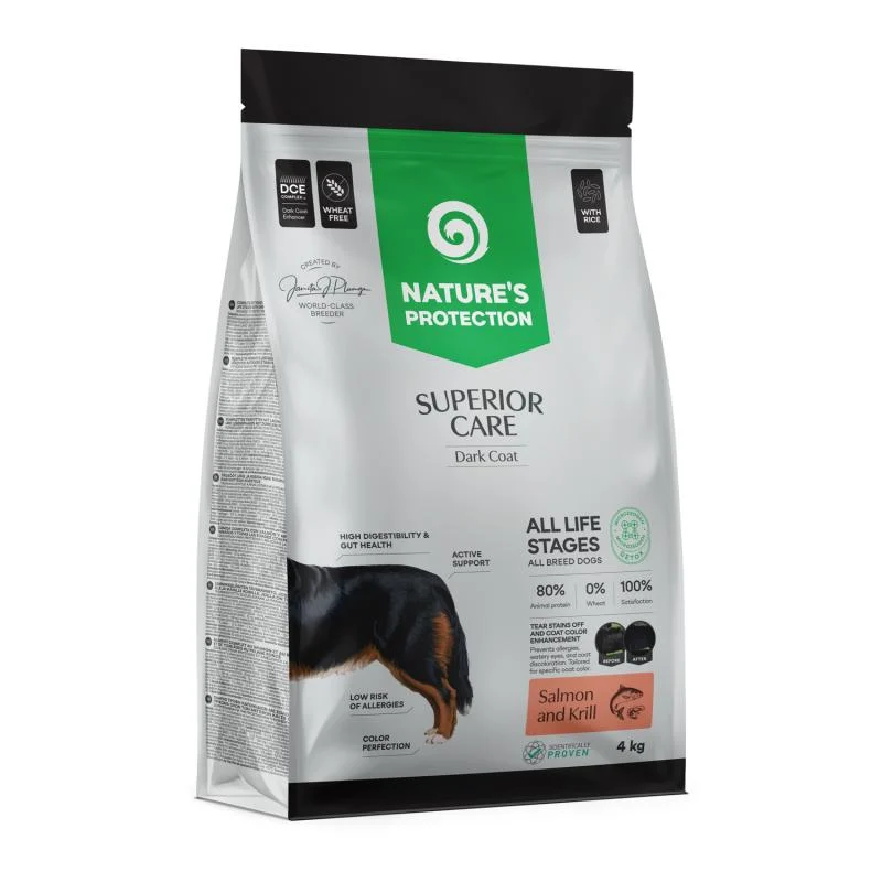 NATURES PROTECTION Superior Care Dark Coat Salmon, Krill and Rice All Sizes 4 kg, All Life Stages