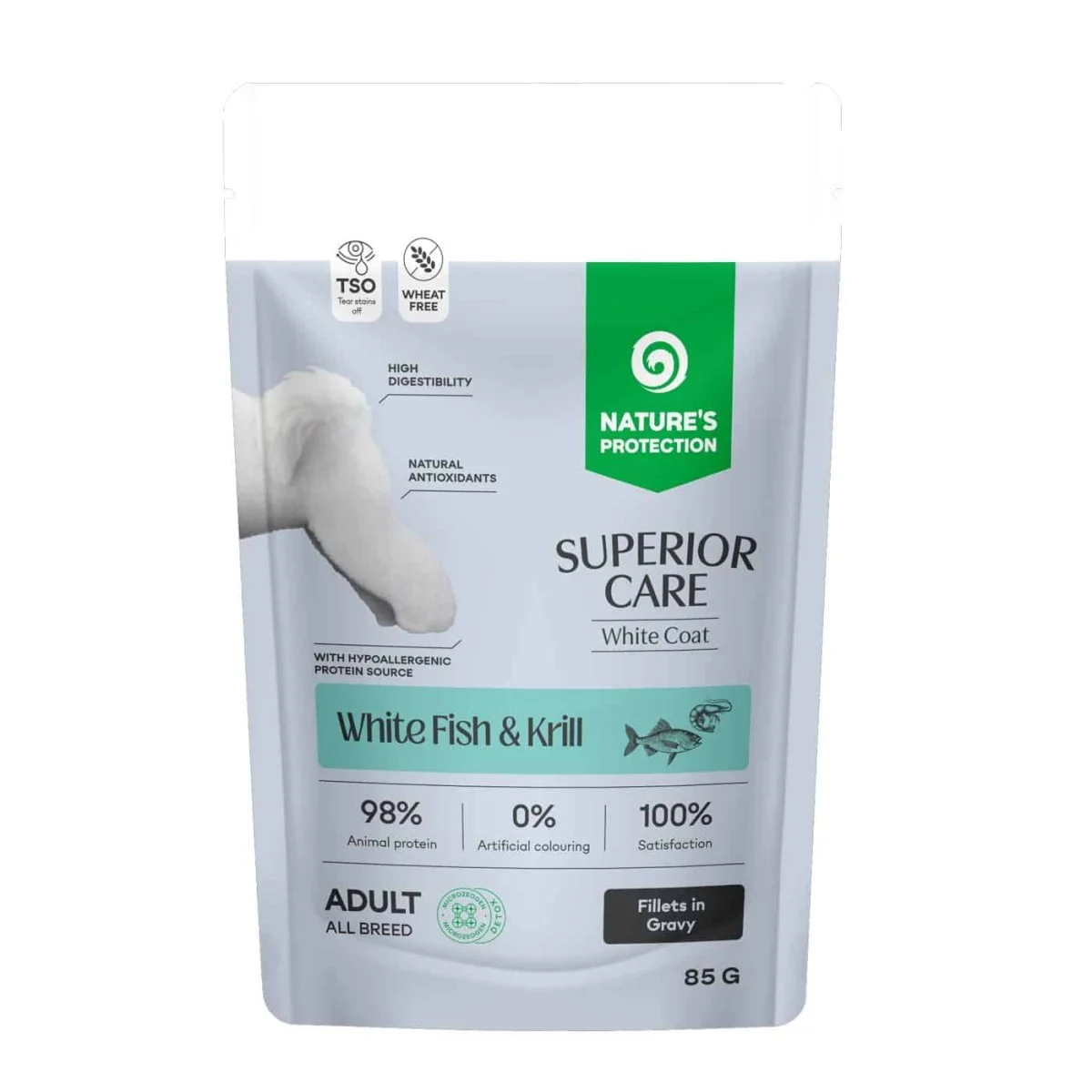 NATURES PROTECTION SUPERIOR CARE White Dogs White Fish and Krill Fillets in Sauce 85 g, Grain Free