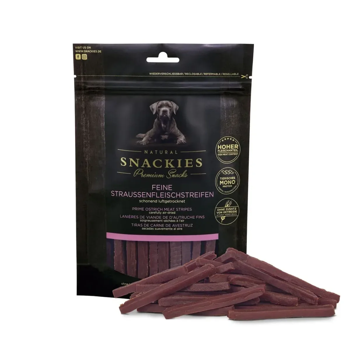 Snackies Fine Strudsekødstrimler 150 g – naturlige hundesnacks