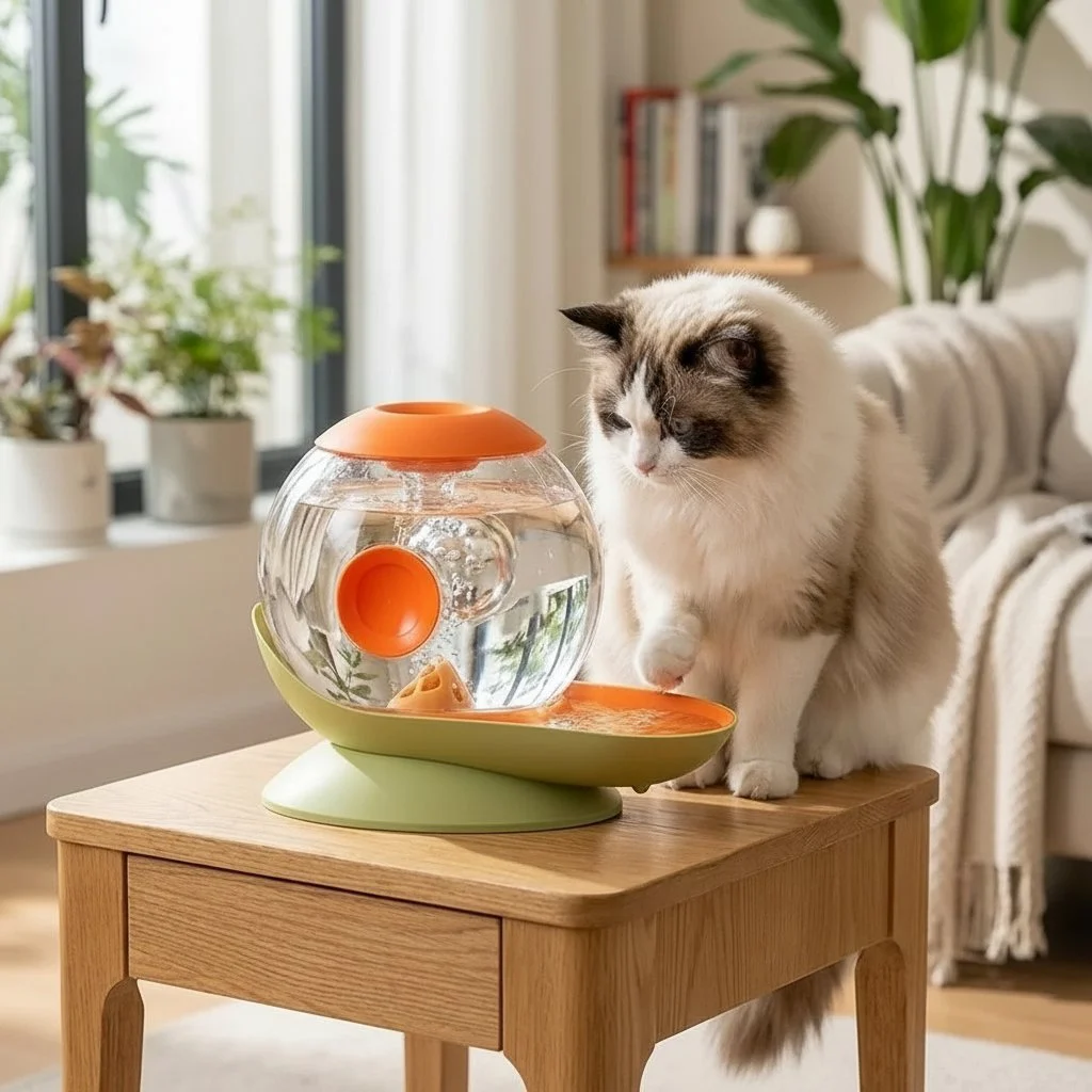Snegleformet vandfontæne til katte – legesygt design