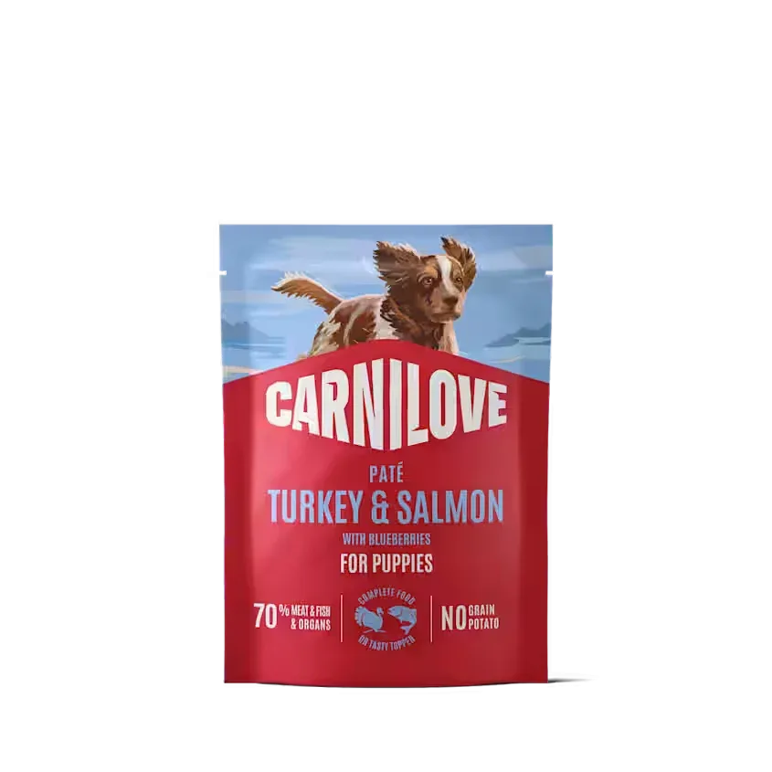 Vådfoder POUCH Paté, Kornfri & Glutenfri med kalkun, laks & blåbær til HVALPE fra Carnilove