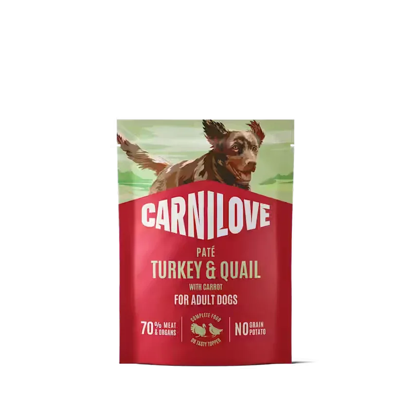 Vådfoder POUCH Paté, Kornfri & Glutenfri med kalkun, Vagtel & gulerod til hunde fra Carnilove