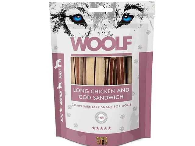 Woolf Naturlige godbidder – Lange Sandwich m. Kylling & Torsk – 100g