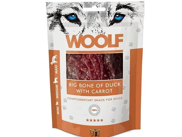 Woolf Naturlige godbidder – Store ben af And m. Gulerod – 100g