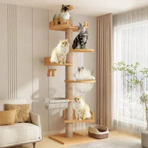XXL kradsetræ kat i naturtræ fra gulv til loft med hængekøje, velegnet til store katte, Maine Coon – model: “Skycat”